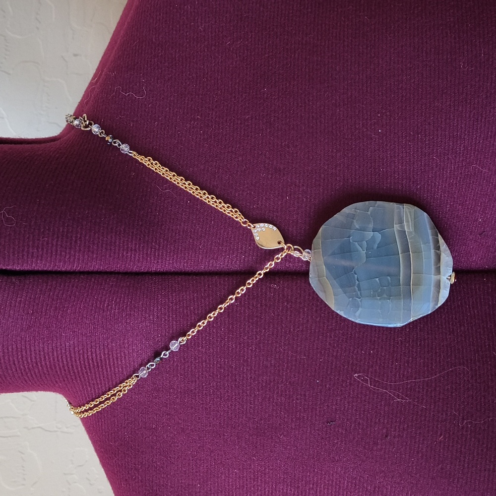 Gold Tone Chain Necklace with Gray geniune Stone Pendant long necklace